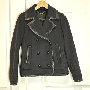 J. Crew Collection Leather Trim Wool Short Pea Coat Navy Black 0